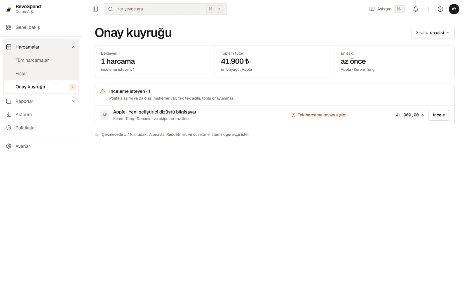 İnceleme isteyen bir harcamayla onay kuyruğu