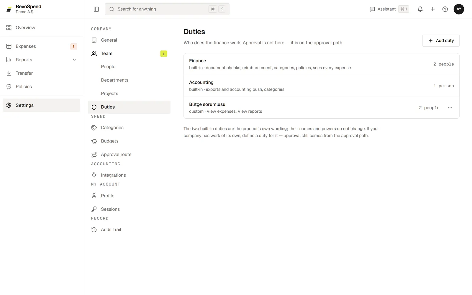 The Duties page with the built-in Finance and Accounting duties and a custom duty
