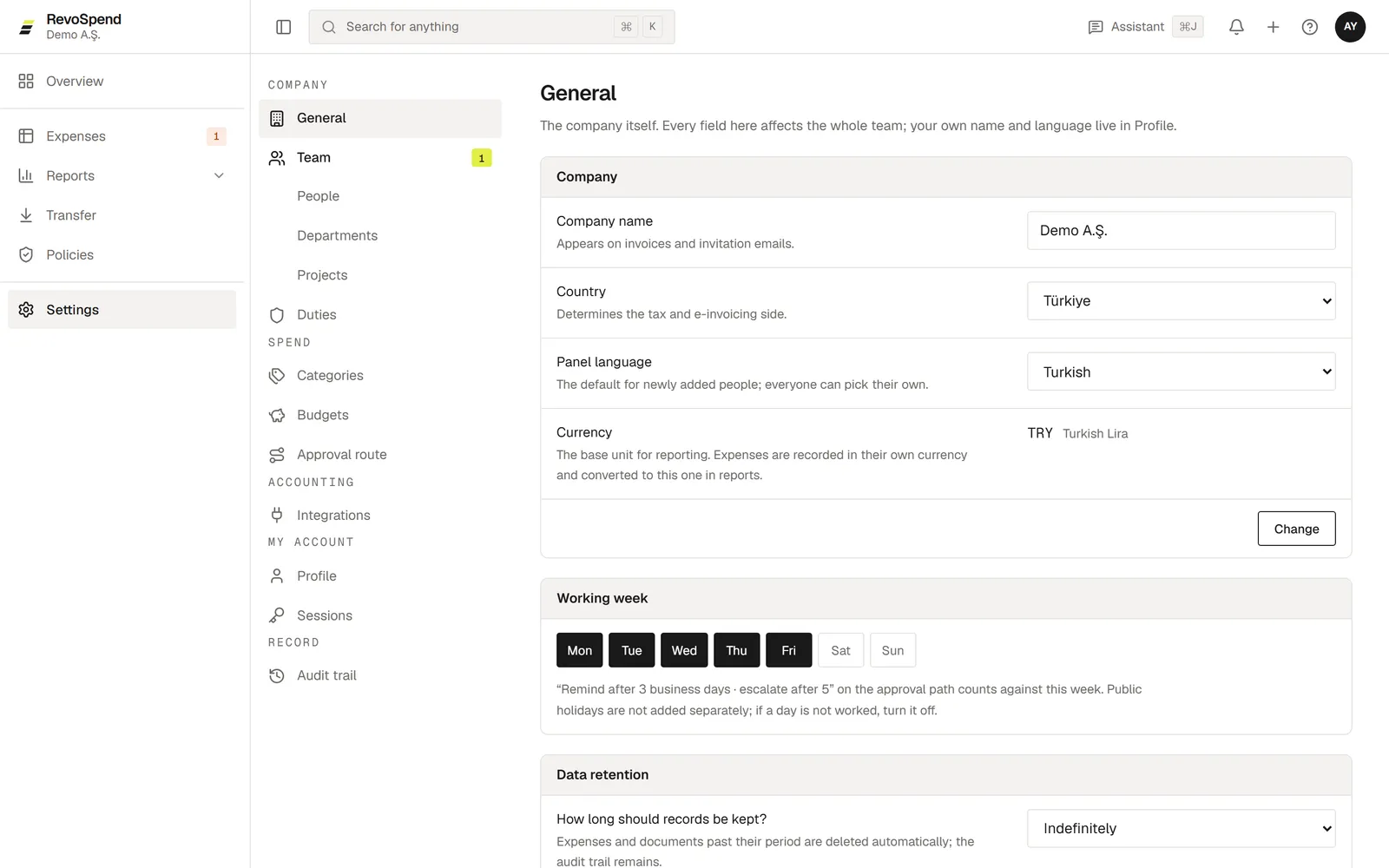 The General settings page with company name, country, language, currency and working week