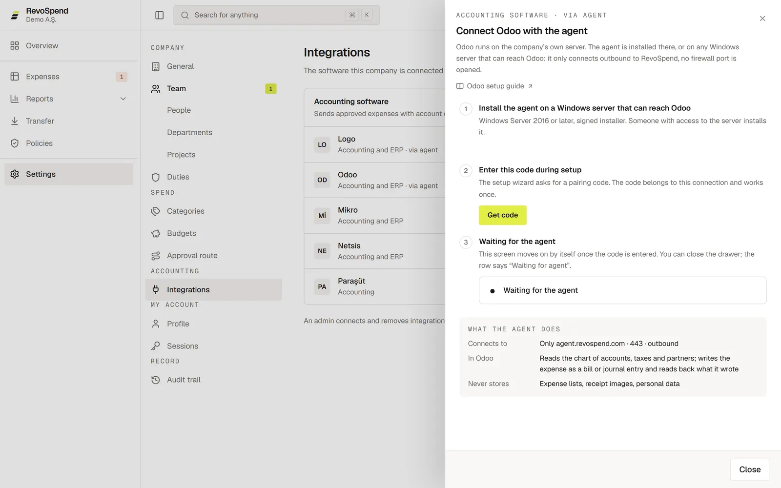 The Connect Odoo panel: install the agent, get the pairing code, wait for the agent