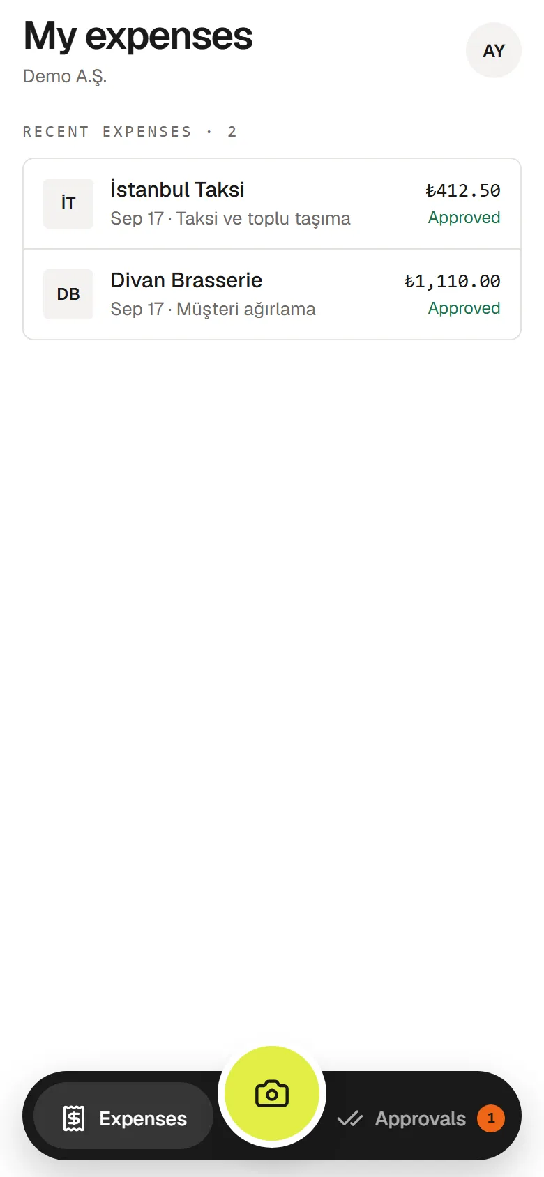 My expenses on the phone, with the Scan receipt button in the middle of the bottom bar