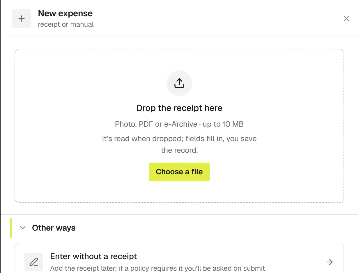The New expense panel with a drop area for the receipt