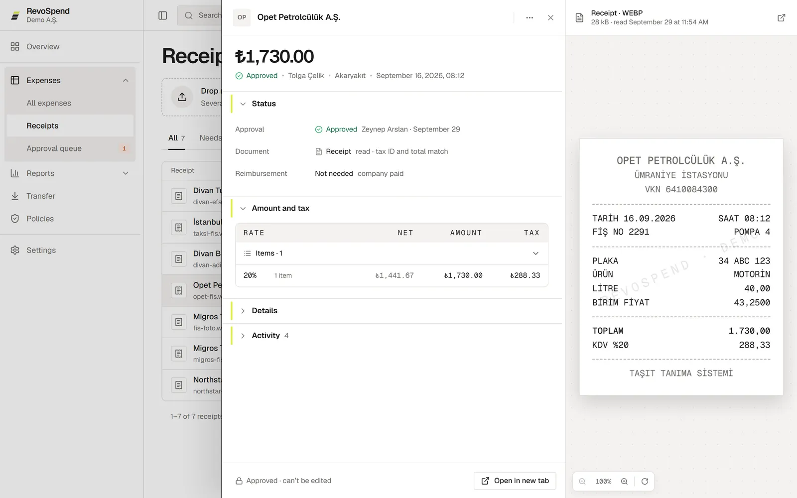 An expense with its receipt: amount, tax breakdown and the receipt image side by side