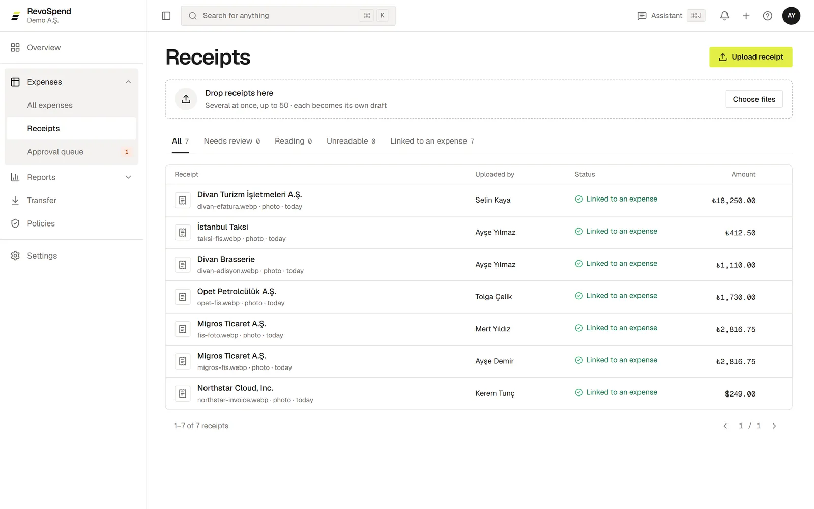 The Receipts page with the drop area and receipt tabs