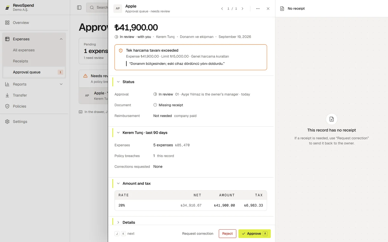 An expense under review, with the policy overrun, the submitter’s justification and the Approve, Reject and Request correction buttons