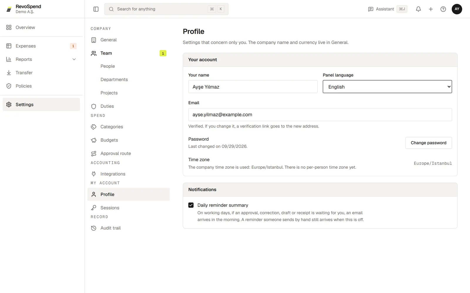 The Profile page with name, language, email, password and the daily reminder