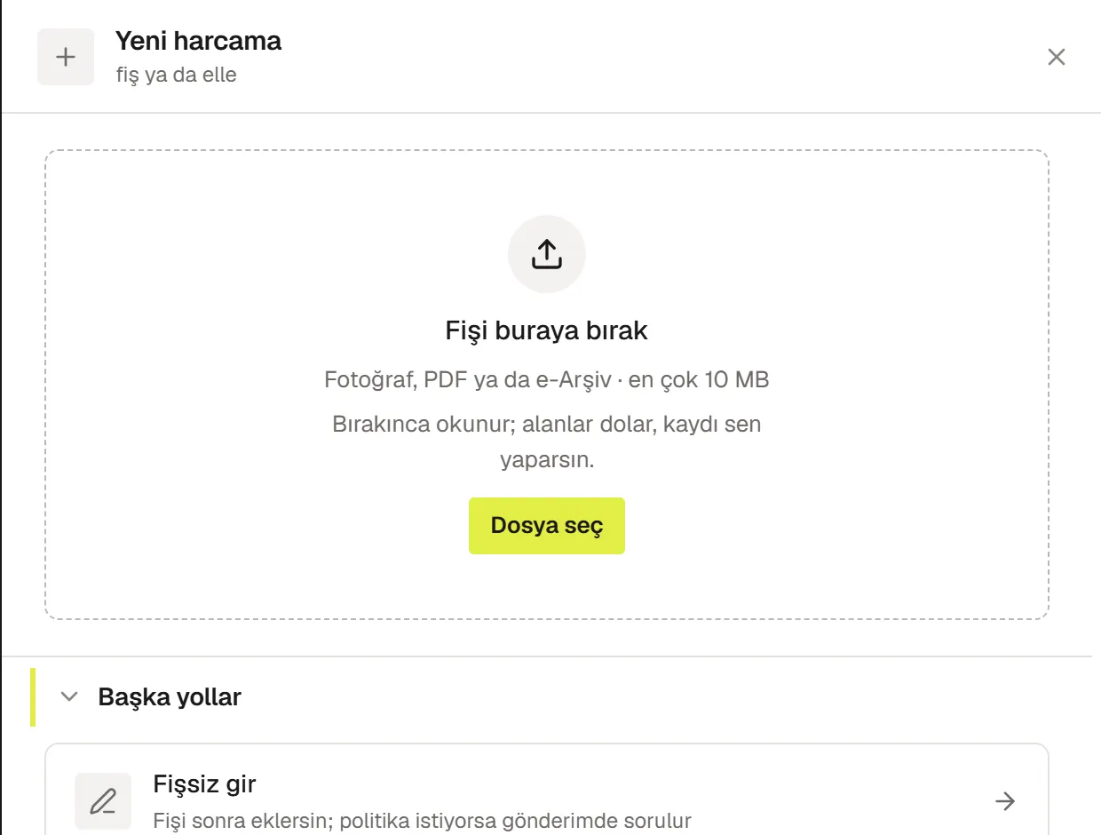Fişi bırakma alanıyla Yeni harcama paneli