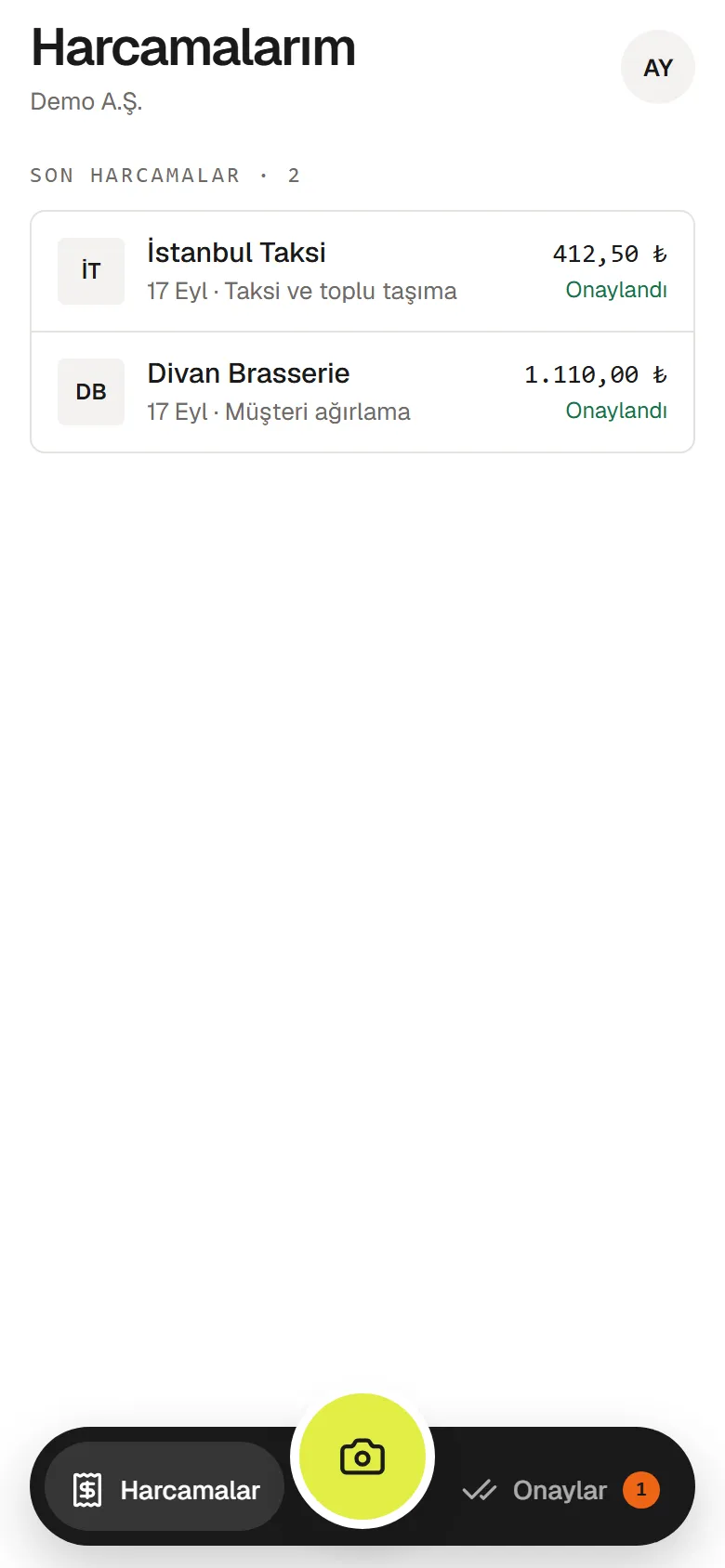 Telefonda Harcamalarım; alt çubuğun ortasında Fiş çek düğmesi
