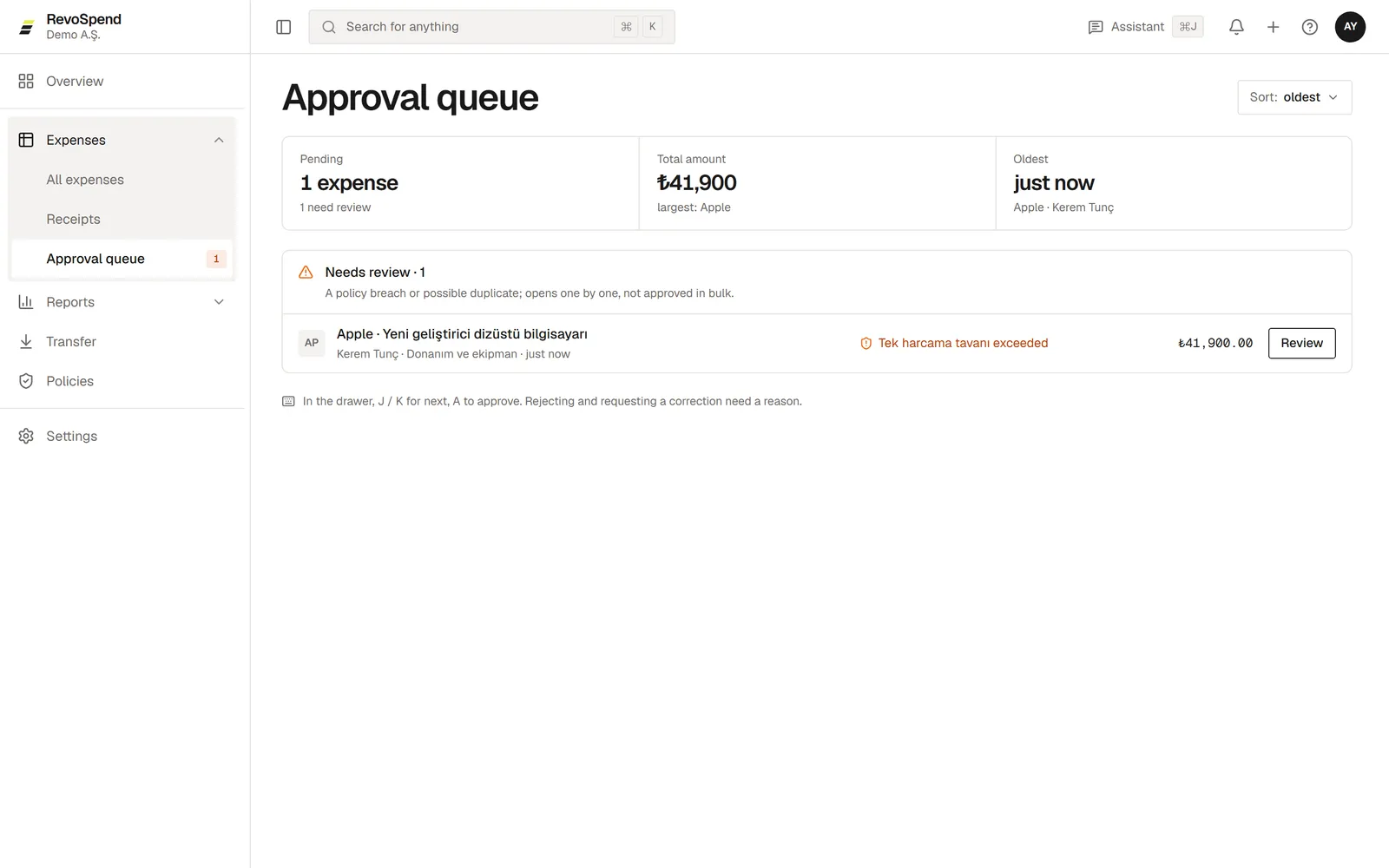 The approval queue with an expense that needs review