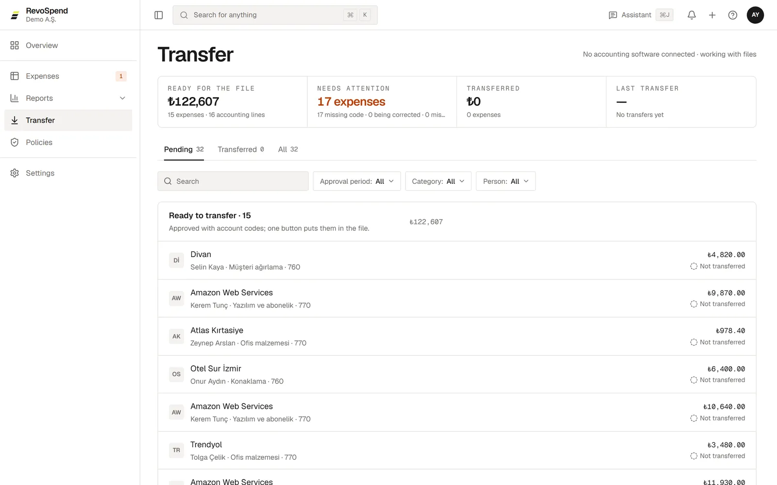 The Transfer screen with totals, tabs and expenses ready to transfer